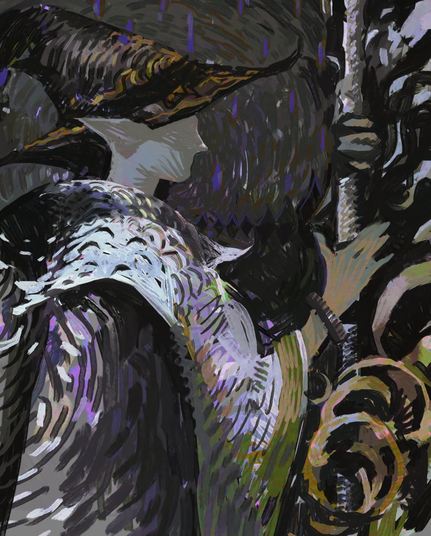 a closeup shot of a digital art piece, appearing as a painting. the artwork depicts a creature with a complex, organic, and biomechanical structure, with multiple layers of textured surfaces in shades of dark purple, blue, and green. the creature's form is partially obscured by a layer of silvercolored scales, creating a sense of mystery and intrigue. the overall atmosphere is dark and eerie, suggesting an alien or mythical creature.