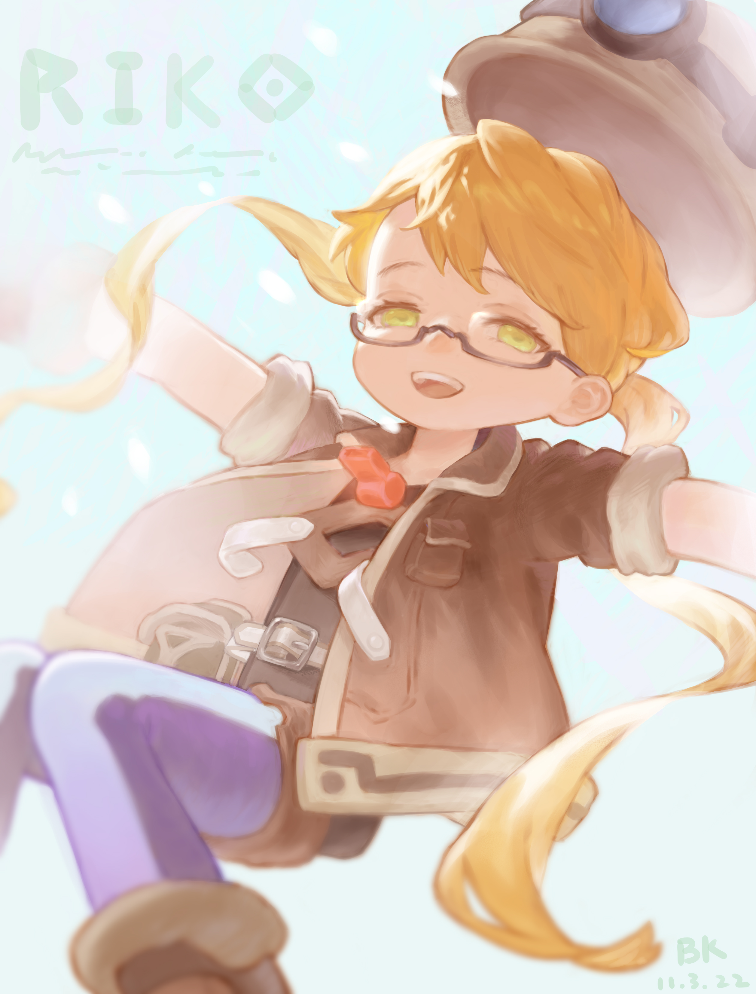 this is a joyful illustration of riko from the anime "made in abyss". she is depicted with a cheerful smile, her blonde pigtails trailing behind her as if she's floating or falling through a bright, pale sky. riko is wearing her signature explorer outfit and round glasses, her eyes shining with happiness. the style is soft and whimsical, with a muted pastel color palette. the overall impression is one of lightheartedness and adventure.