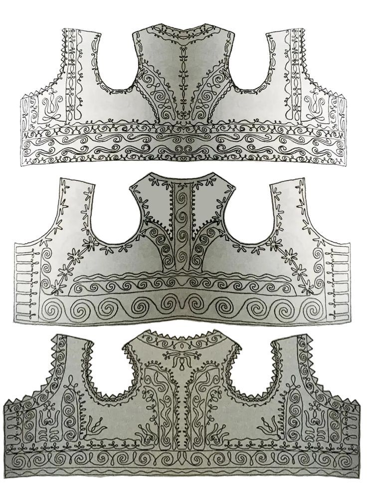 the image shows three different vest designs with elaborate embroidery patterns. each vest features a unique combination of stylized motifs and decorative borders, arranged in symmetrical patterns. the designs appear to be templates or patterns for creating embroidered vests, potentially inspired by folk art or traditional clothing styles.