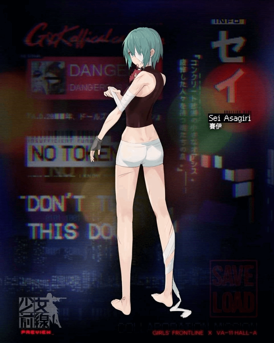 a fullbody illustration of a girl with short blue hair, wearing a red sleeveless shirt and white shorts, standing with her back turned in a dark cyberpunkthemed room. the image is promotional material for a collaboration between the mobile games "girls' frontline" and "va11 halla".