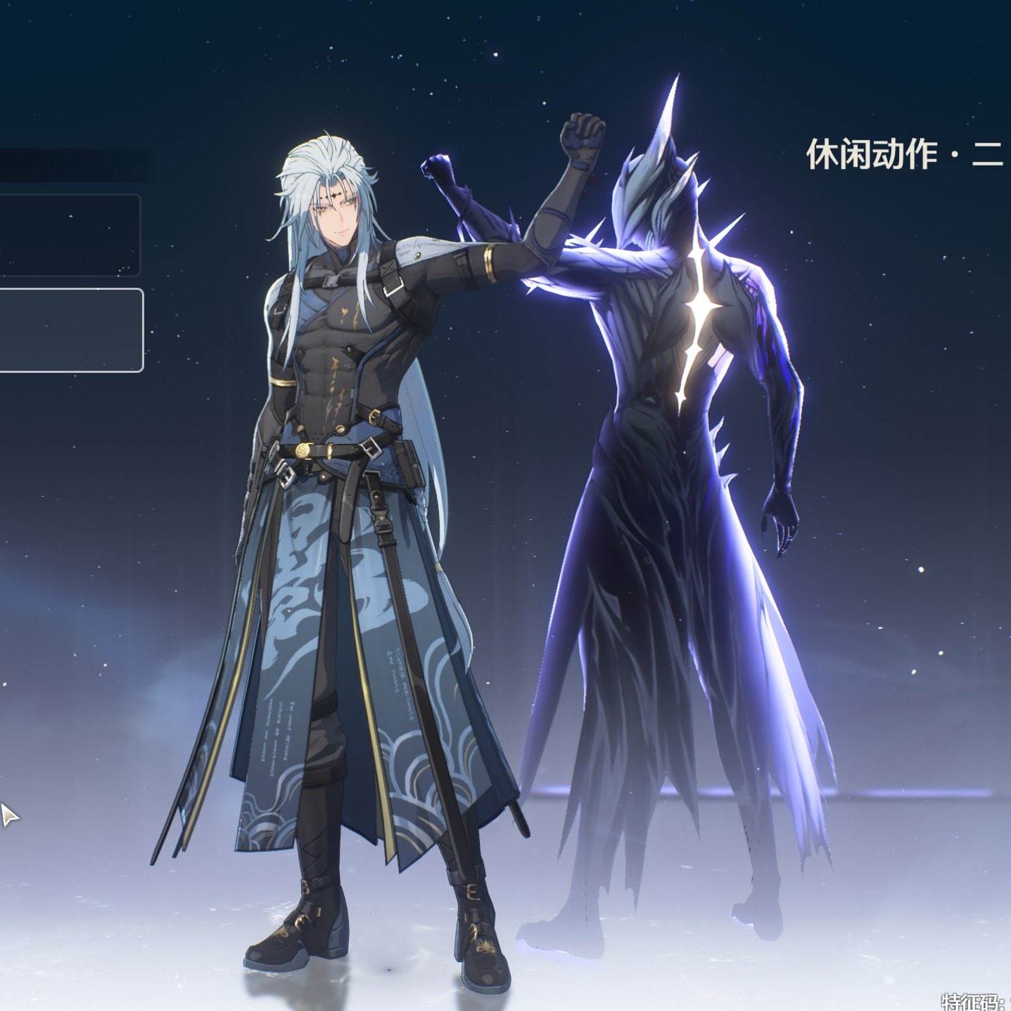 two men are standing in a dark environment. the man on the left has long, white hair and is wearing a long, flowing blue robe with silver armor. the man on the right is covered in black armor with sharp edges that glow. it appears to be a still from a video game.