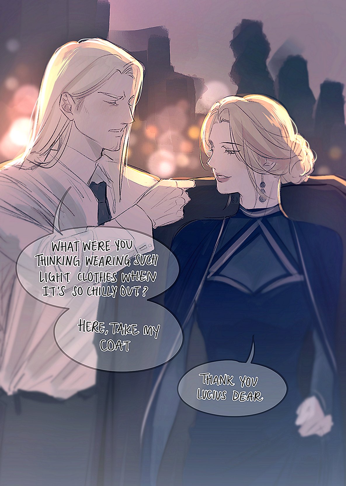 he image is a romantic illustration or comic panel depicting a man and a woman, both with long blonde hair, outdoors at night. the man, lucius, is offering his coat to the woman because she's wearing light clothes in the cold weather. the scene is set in a city with blurred lights in the background, creating a romantic and intimate atmosphere. the characters' expressions and body language convey affection and care. there are speech bubbles with dialogue between them, showcasing their interaction. the art style is soft and delicate.