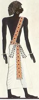 this is a sketch or drawing of a nubian man from ancient egypt. the man is darkskinned with black, tightly curled hair and is wearing a white kilt with a decorative sash. he has jewelry on his ears and wrists. the drawing style is typical of ancient egyptian art, with a side view perspective and soft lighting.