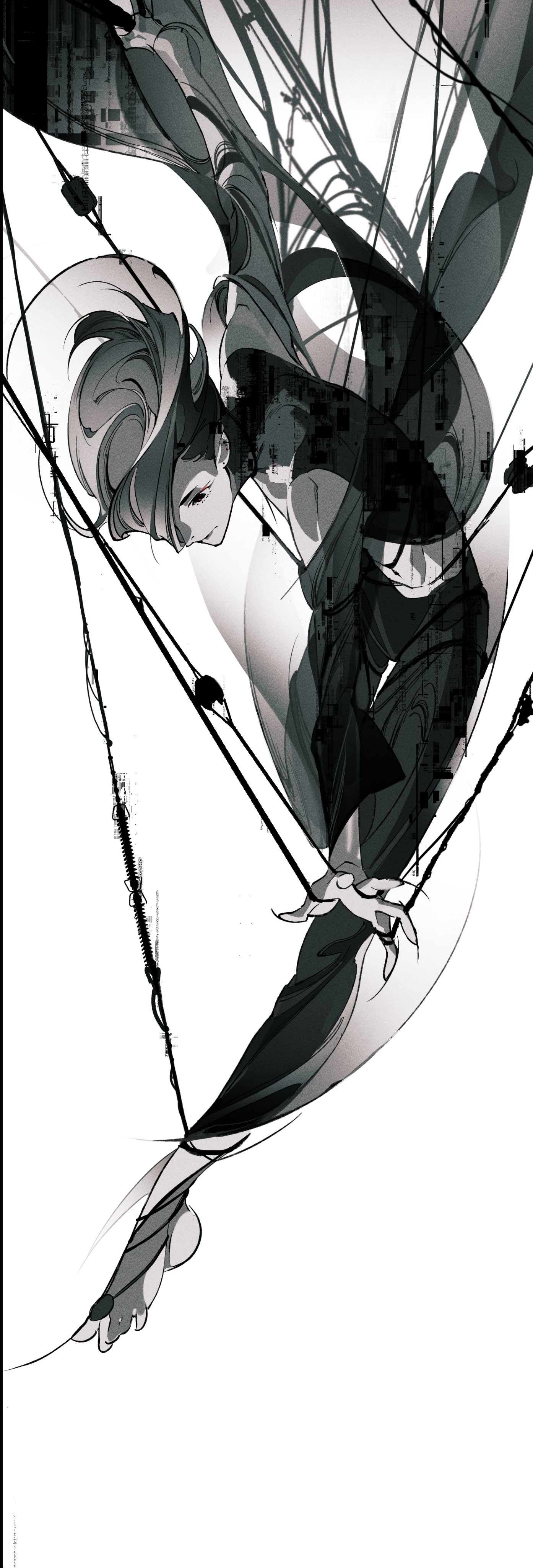 a black and white drawing of a woman hanging by strings. she is drawn with a dark and abstract style.