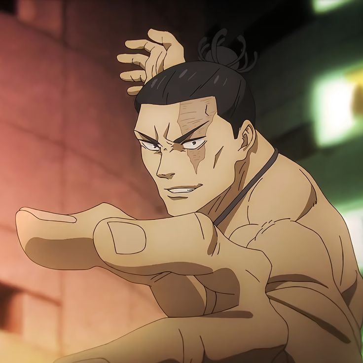 a closeup shot of a muscular, scarred anime man in a fighting stance. he has dark hair in a topknot, a determined expression, and his hand is outstretched towards the viewer. the background is blurred, suggesting an urban setting at night, lit by neon lights.