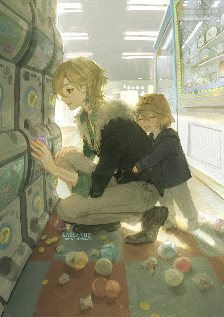 an animestyle illustration of two young friends, a girl and a boy, standing in a game center or arcade. the girl, with bright yellow hair and a green and black jacket, reaches into a claw game machine to try and win a prize, while the boy, wearing a brown cap and blue jacket,  smiles excitedly at her.