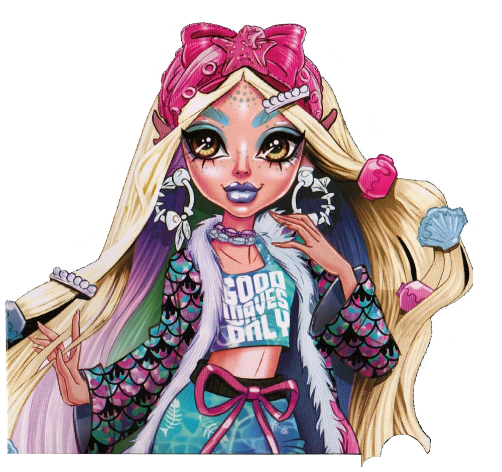 this illustration showcases the rebooted version of the popular monster high character, lagoona blue. she is stylized as a fashionforward doll with long blonde hair streaked with blue and pink, styled with seashell accessories. she sports a trendy outfit comprised of a cropped, fish scale patterned jacket with the words "good waves only," a pink crop top, and blue pants with a pink bow. her makeup is dramatic, featuring bold blue lipstick and large, shellshaped earrings. the image is brightly lit, emphasizing the colorful details of her design.