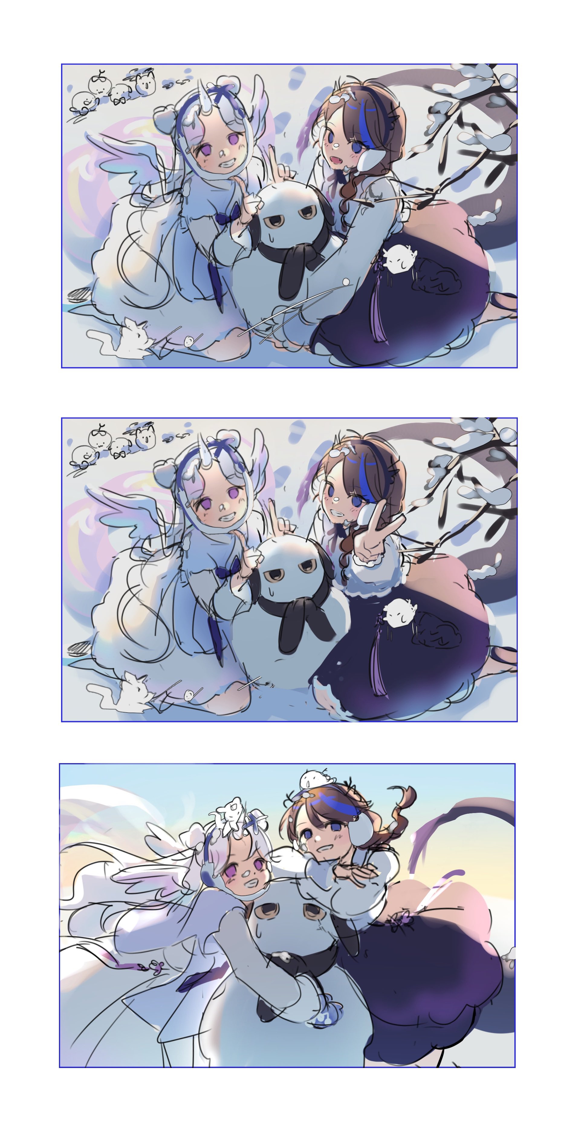 the image is a digital illustration showing three different stages of a drawing. the art style is animeinspired, chibiesque, and features pastel colours, soft lighting and whimsical elements. each stage depicts two cute, girllike characters with wings, accompanied by a small, fluffy snowmanlike creature.  the setting is a snowy winter scene. the progression of the artwork shows the development of the piece from a sketch to a more finished illustration.  the characters have soft, round features and are dressed in winterappropriate clothing. the overall aesthetic is very sweet and dreamy.