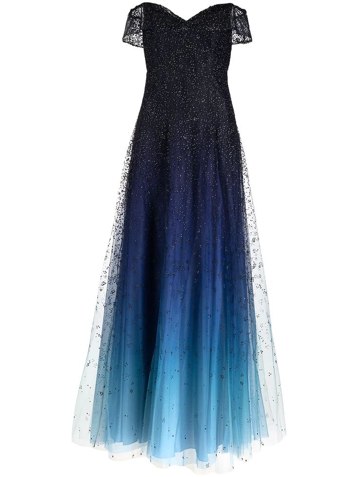 an ombre floorlength evening gown with short sleeves and a sweetheart neckline. the dress is black at the top and fades into a gradient of dark blue to light blue at the bottom. the dress is made of tulle and is covered in sequins.