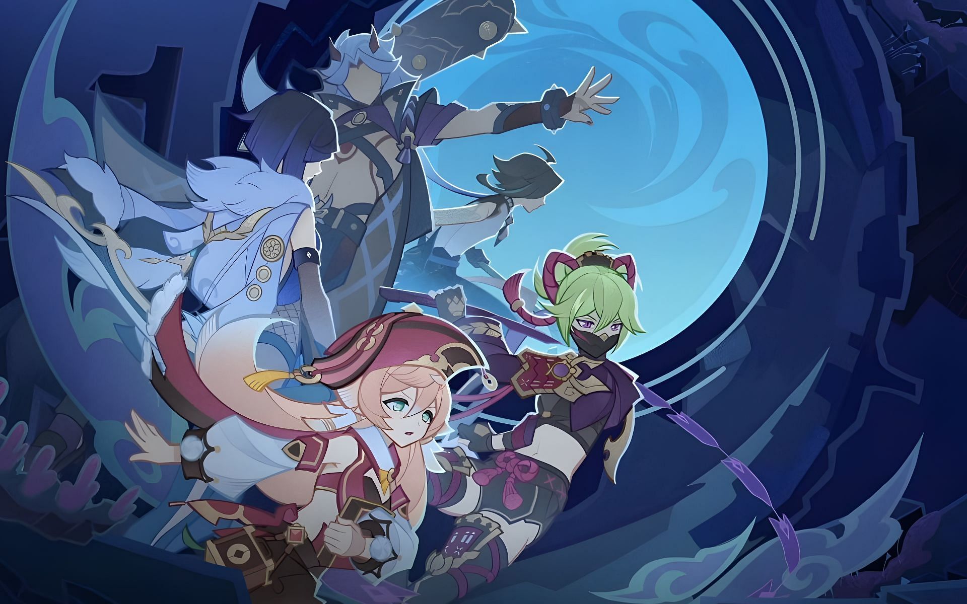 this image is a video game artwork that depicts four female characters from genshin impact in an action pose. the characters are facing towards the right side of the image. the image features a blue and purple background, with some clouds and an orblike circle shape in the middle. the characters are all wearing unique outfits that reflect their personalities. the characters are all armed with weapons. the image is full of action and excitement.
