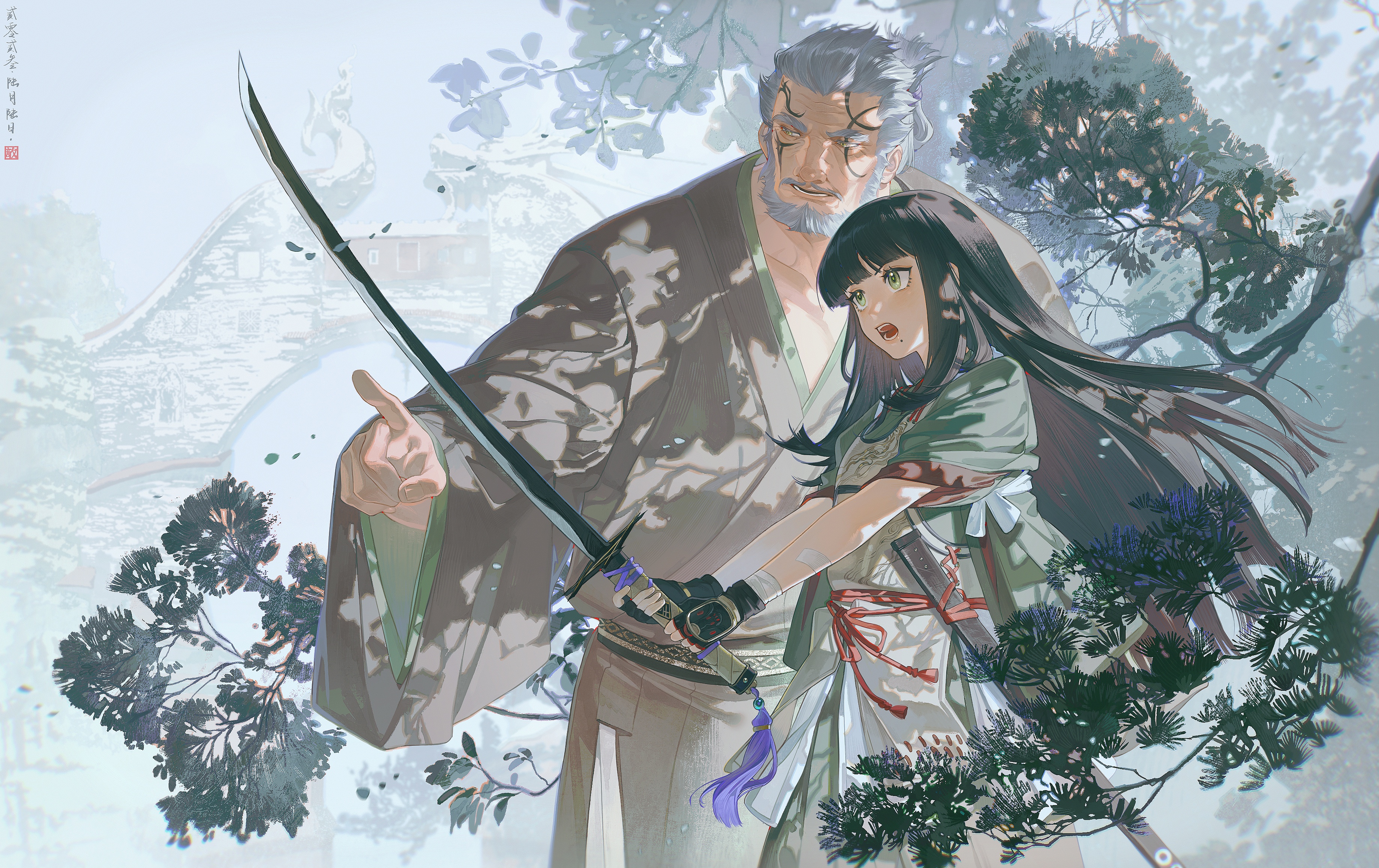 an older man with long gray hair, a beard, and a scar over his left eye stands with a young woman with long black hair. they are both wearing traditional japanese clothing, and the man is holding a katana. the background is a misty forest, and there is a temple in the distance. the overall atmosphere of the image is one of serenity and anticipation.