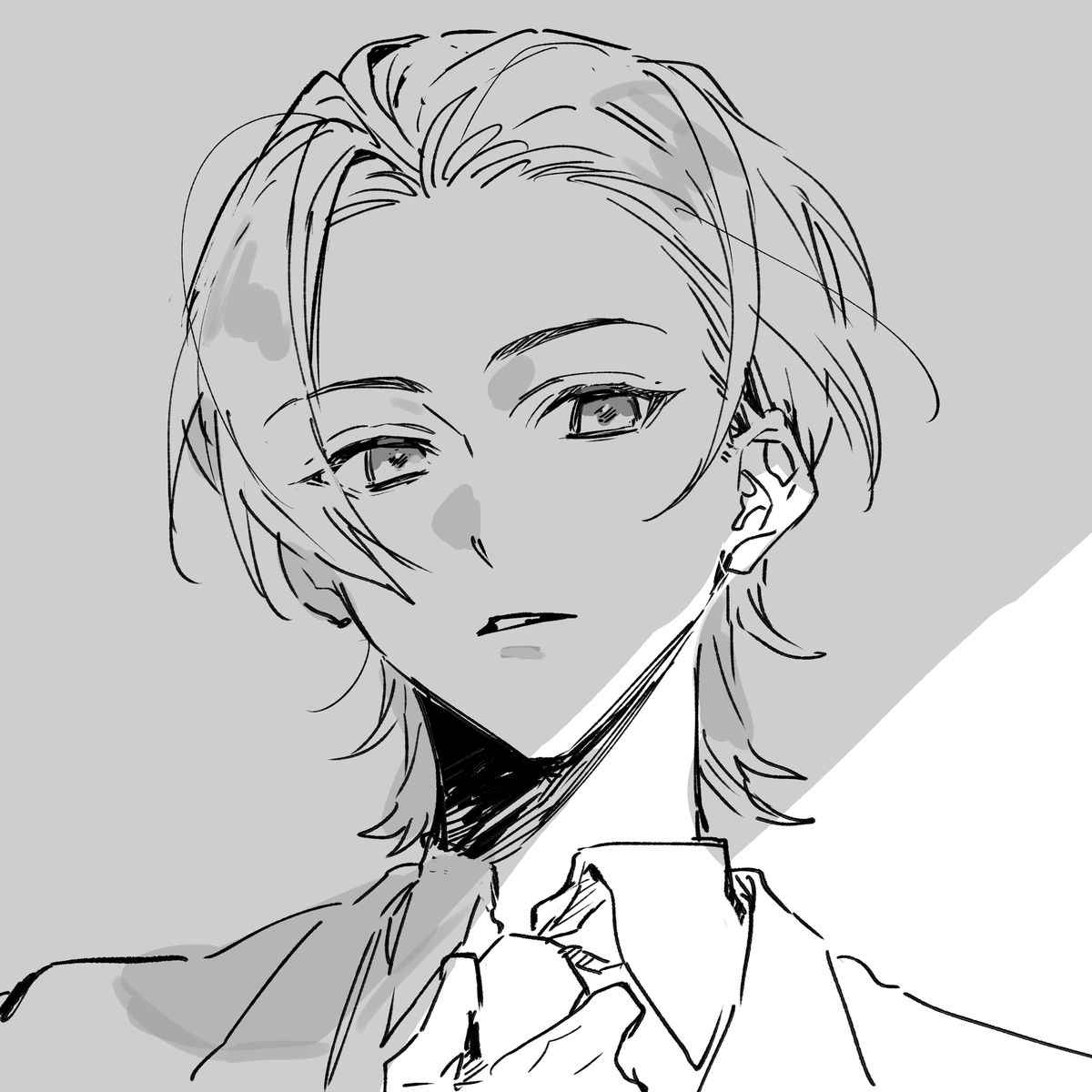 the image is a black and white stylized drawing of an anime or mangastyle male character. he has shoulderlength wavy hair and is depicted from the chest up. he appears to be wearing a collared shirt and a suit jacket. his expression is serious, and he seems to be adjusting his tie or collar. the style of the drawing is loose and sketchy, giving it a somewhat unfinished or spontaneous feel. the contrast between light and shadow is minimal, creating a monochromatic aesthetic. the overall impression is one of elegance and quiet intensity.