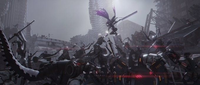 the image depicts a chaotic and violent battle scene in a futuristic, dystopian city.  the setting appears to be postapocalyptic, with crumbling buildings and widespread destruction.  numerous robotic figures, some resembling mechs and others more humanoid androids, are engaged in fierce combat.  one prominent figure appears to be a flying robot or mecha with purple accents, maneuvering above the groundbased fighting.  the overall color palette is predominantly grey and monochrome, contributing to the dark and gritty atmosphere.  the scene is highly dynamic, suggesting a fastpaced and intense conflict. the word "spinraza" is subtly visible in the center of the image, possibly indicating a game title or franchise.
