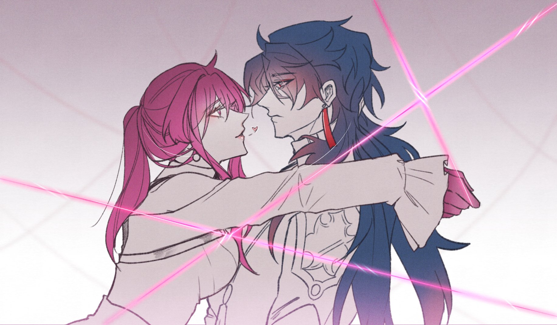 this is an animestyle drawing of a couple hugging each other. the male character has long dark blue hair and a pink scarf while the female character has pink hair and a white shirt. the drawing is done in a light style with pink highlights.  there are red lines emanating from both figures, suggesting a feeling of passion or energy. the couple appears to be looking at each other with love and affection.