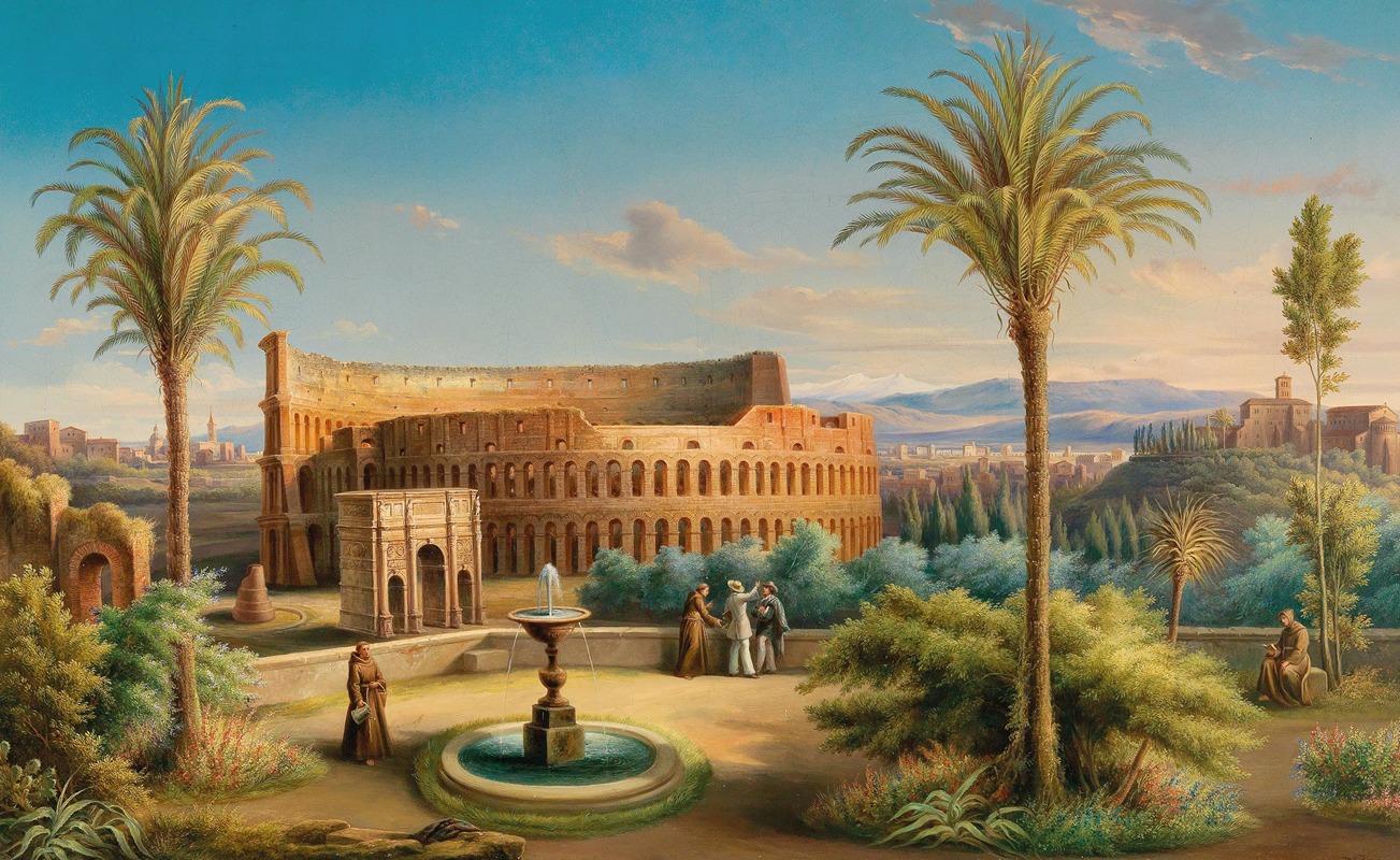 the image is a painting depicting a landscape with the colosseum in rome as a prominent feature. palm trees flank the foreground, framing a garden with a fountain. several figures, including monks, are present in the scene. the colosseum stands amidst ancient ruins and is set against a backdrop of a city skyline and distant mountains under a blue sky with light clouds. the overall style is reminiscent of historical european art.