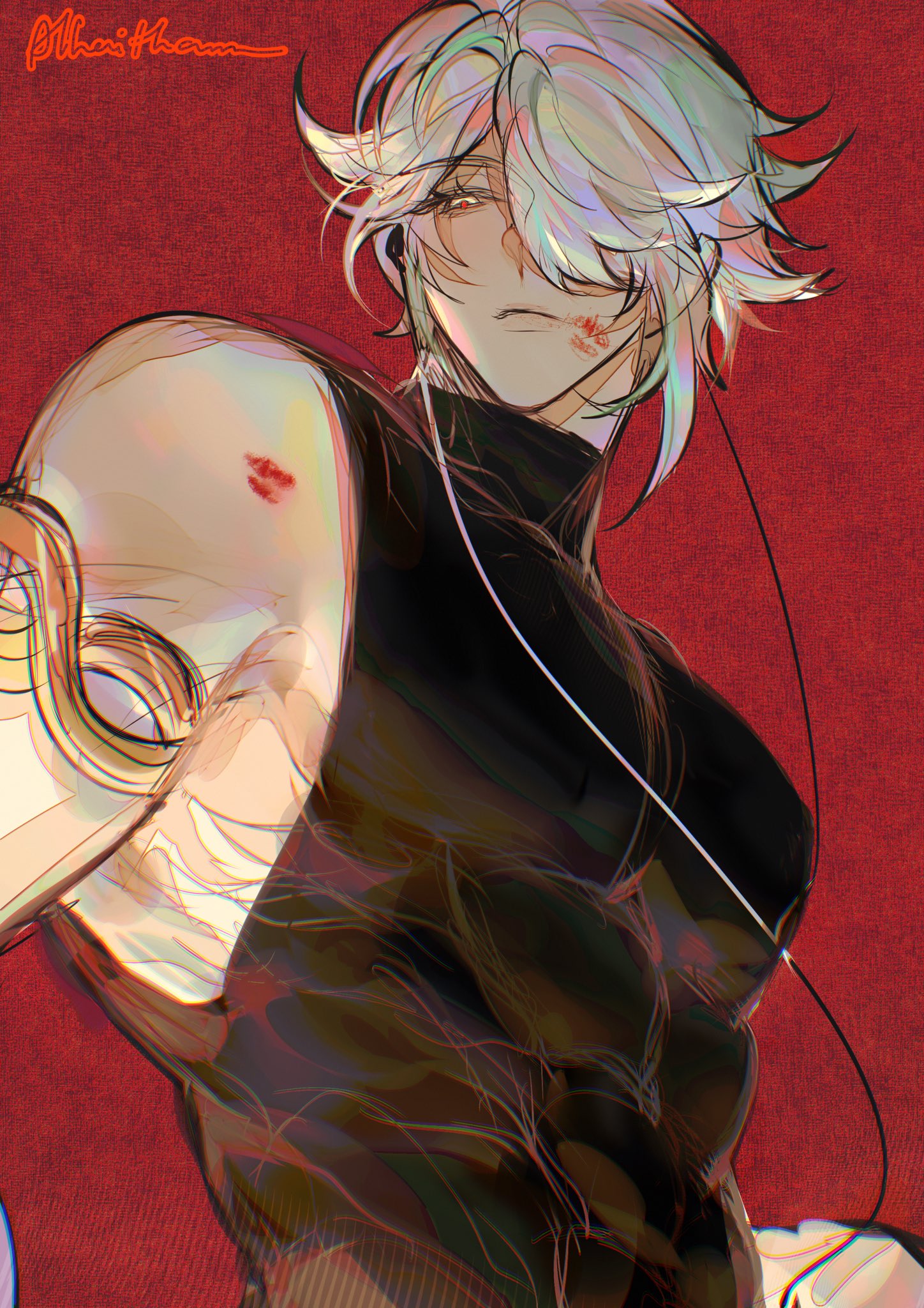 he image is a digital painting or illustration of an animestyle male character. he has long, white hair styled with loose strands framing his face.  his expression is slightly smirklike.  he has noticeable muscle definition and a few scars or markings are visible on his arm and shoulder.  there are faint lipstick marks on his cheek and shoulder. he's wearing a dark sleeveless top and earphones. the background is a deep, textured red. the art style is somewhat painterly and detailed, with visible brushstrokes and a slightly iridescent quality to the hair and skin. the overall mood is slightly edgy yet captivating.