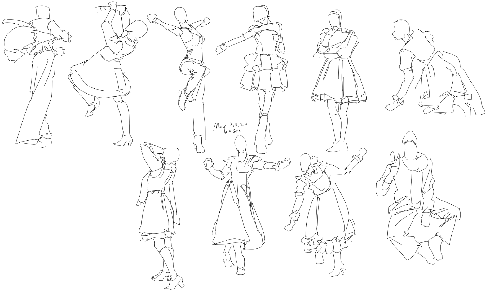 the image shows a collection of ten quick sketches or figure drawings, primarily featuring female figures in various poses and outfits. the sketches appear to be done in a simple line art style, with minimal details. the subjects are wearing dresses and some appear to be wearing heels. the sketches seem to capture the essence and gesture of each pose rather than focusing on realistic anatomical representation. the text "mar 30,25 60 sec" indicates the drawings were done quickly, likely within a time limit of 60 seconds each.