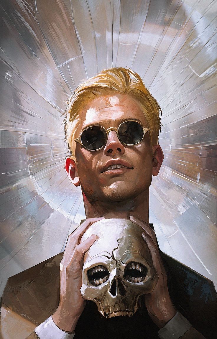a man with blond hair and wearing sunglasses is staring intently at the viewer while holding a human skull in his hands. the image has a dark, mysterious, and slightly creepy aesthetic.