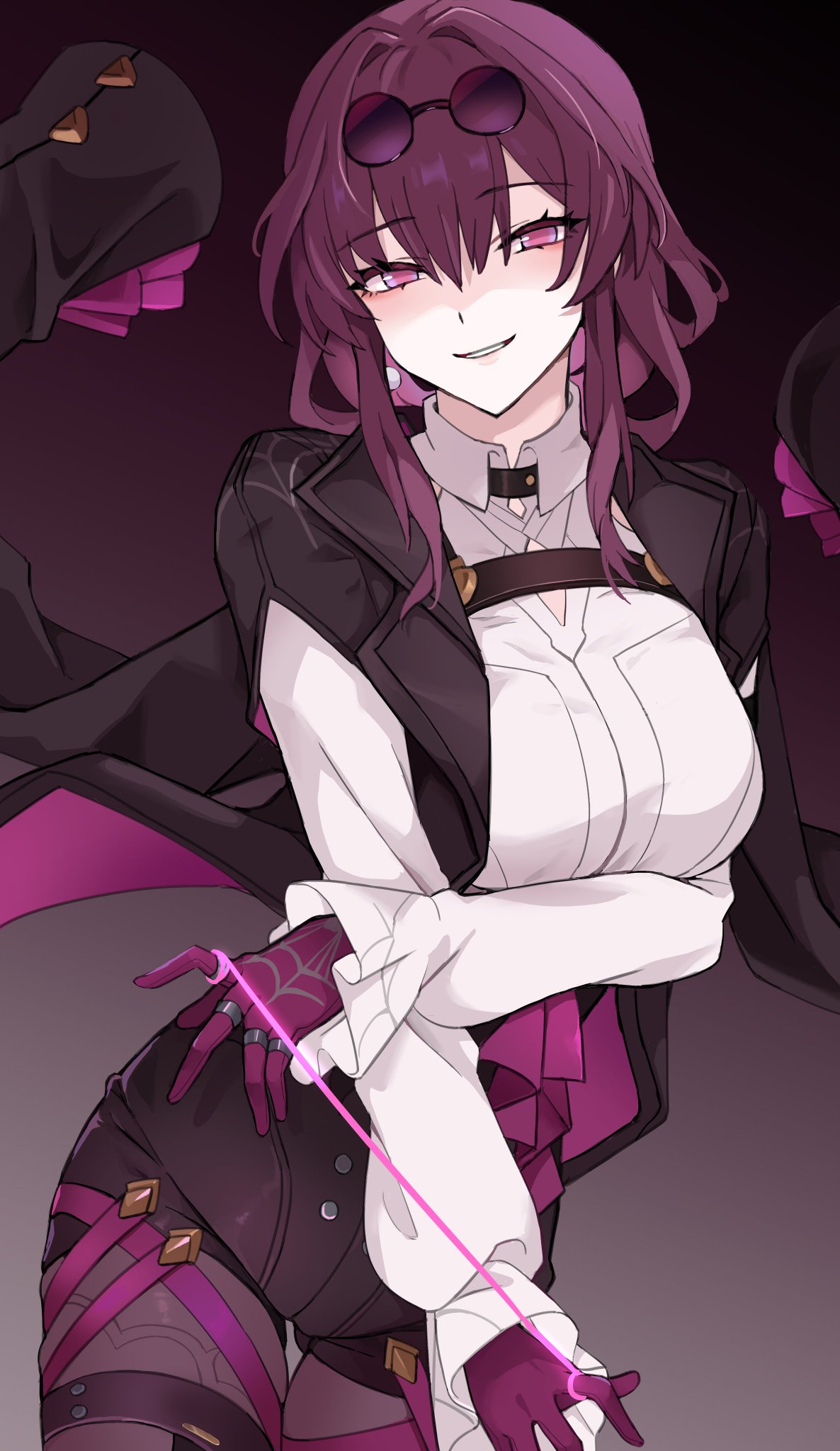 this is an animestyle drawing of a girl with purple hair, red eyes, a black jacket, white shirt, and black gloves. she has a pink bow tie and a spider web design on her jacket. she is holding a pink string in her hand and has a serious expression on her face. she looks confident and stylish.