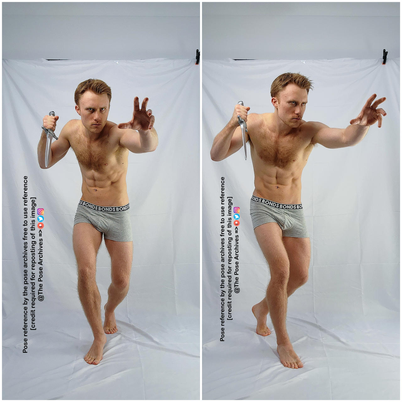 a man with an athletic build, wearing only underwear, is captured in two dynamic poses against a white backdrop. he holds a dagger in his right hand and gestures with his left hand, suggesting a fighting stance. the studio lighting highlights his physique and the intensity of the poses.  the background is simple, keeping the focus on the man and his actions.