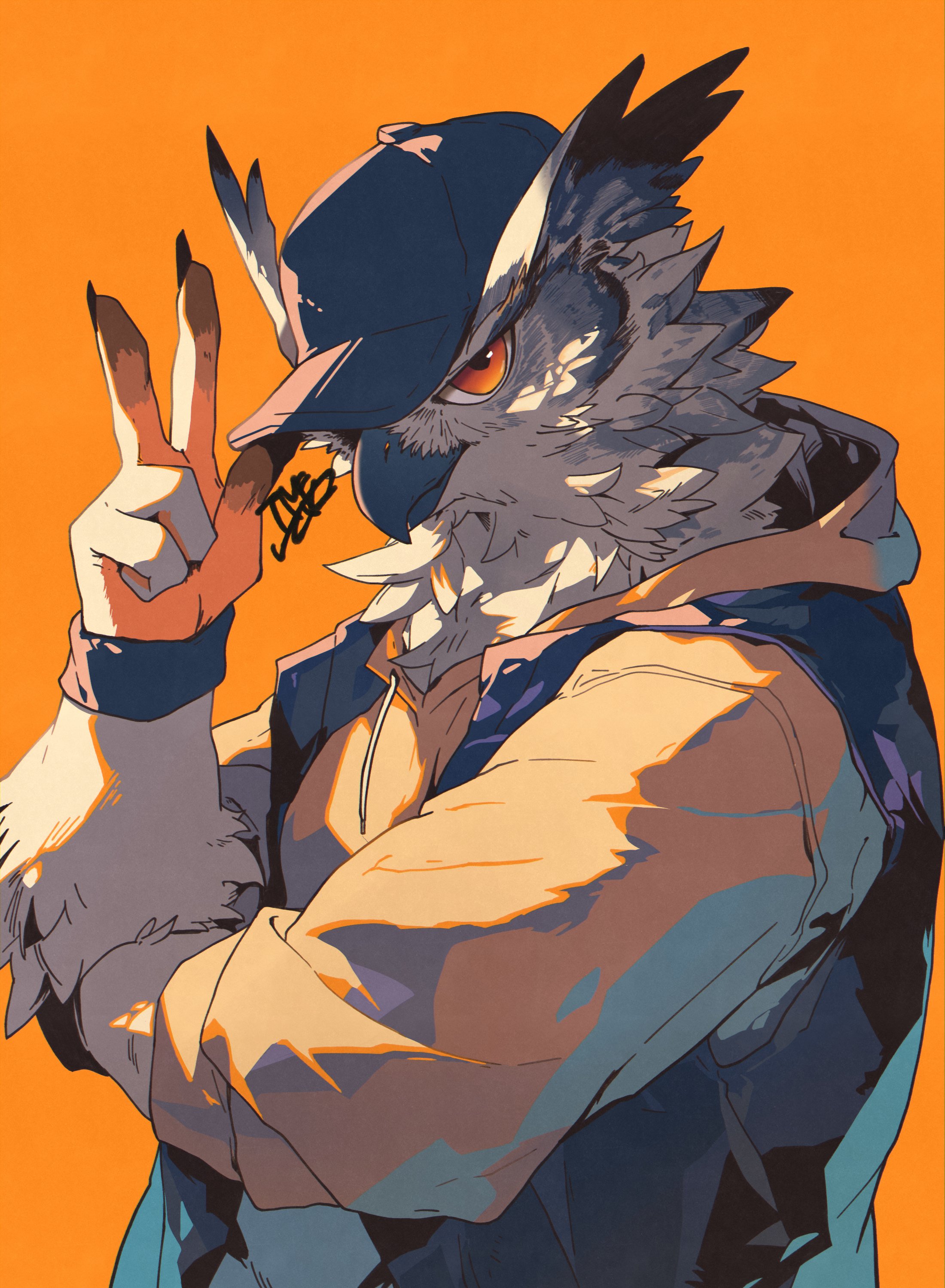 a stylish anthropomorphic owl wearing a cap and hoodie strikes a cool pose with a peace sign. the background is a vibrant orange.
