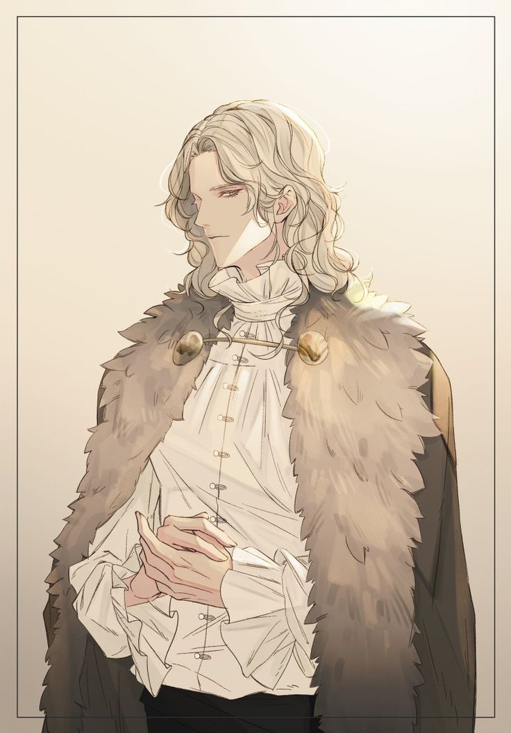 the image shows a stylized animestyle portrait of a fairskinned man with long, light blonde hair. he's dressed in elegant, historicalinspired clothing that includes a white shirt with ruffles at the cuffs and collar,  a dark outer garment, and a large furtrimmed cloak or coat.  his pose is calm and pensive, his hands clasped together in front of him. the overall style is reminiscent of fantasy art, with soft lighting and a muted color palette that emphasizes the details of his clothing and hair. the background is simple and light, focusing attention on the figure.