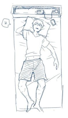a simple line drawing of a man sleeping soundly in bed on his back, with one arm up over his head and the other down by his side.