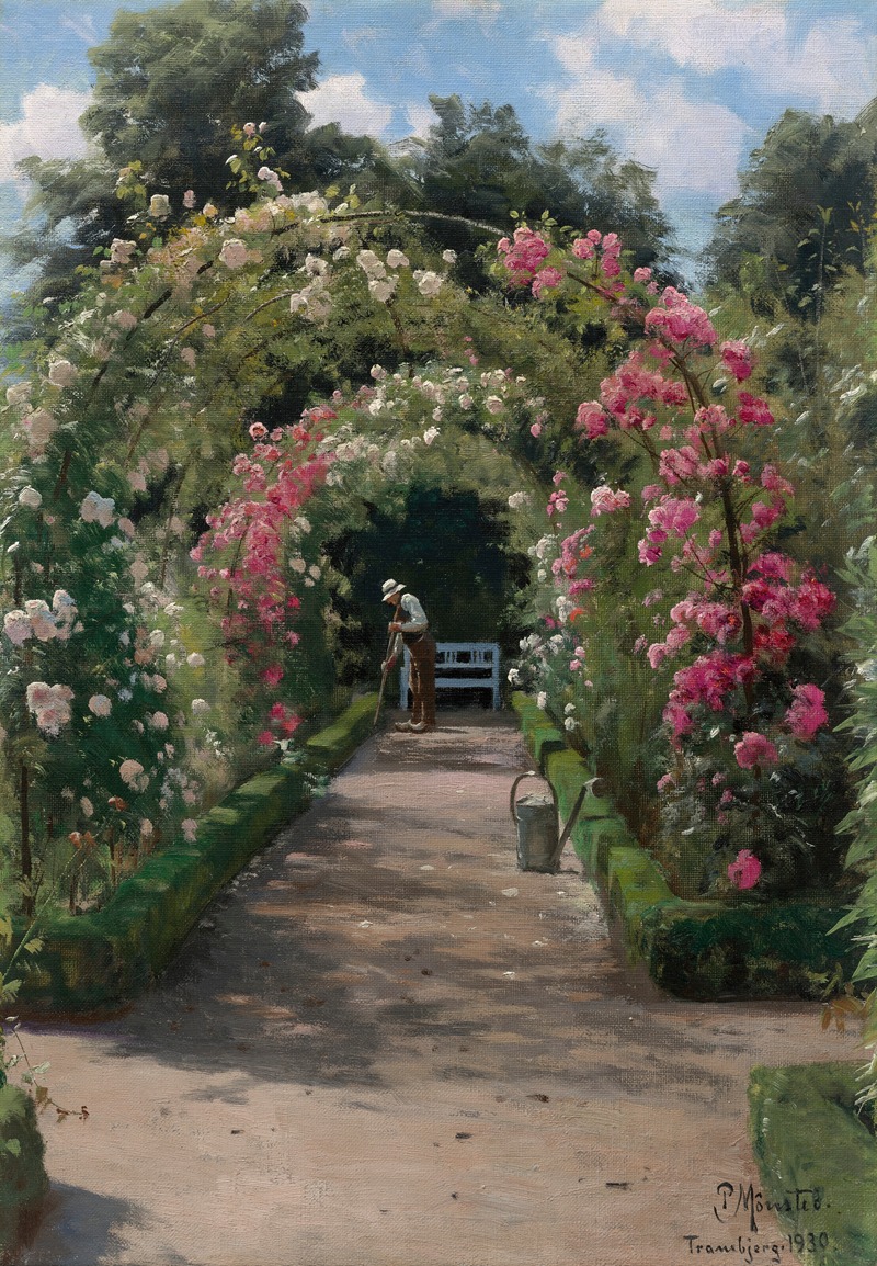 an oil painting by peder mønsted from 1930 titled "tramaljers" shows a garden path lined with rose arbors and a gardener tending to the grounds. the path leads to a white bench in the background. pink and white roses cover the arbors, creating a tunnel effect. to the right of the path, a watering can sits on the ground. the gardener, wearing a hat and work clothes, is seen using a tool on the path. the scene evokes a sense of tranquility and beauty in a wellmaintained garden during the summer.