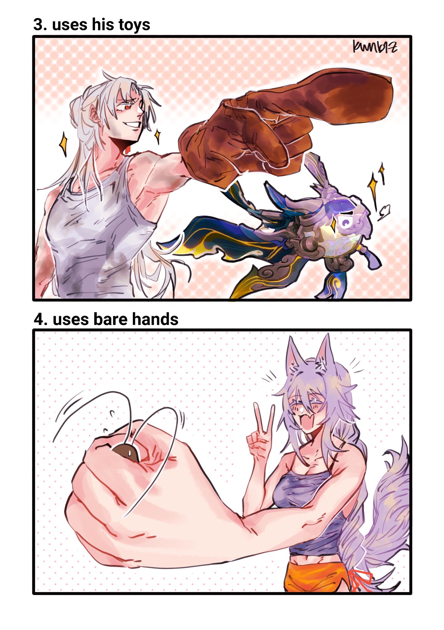 this is a digital illustration of an anime comic. it shows 2 different panels depicting 2 different women. in the top panel, the girl on the left is using a weaponized clawlike object to attack the creature on the right.  in the bottom panel, the girl is using bare hands to attack an unseen object, with a motion blur effect. the words on the panels are: 3. uses his toys and 4. uses bare hands, indicating that these are different fighting styles of these two women.