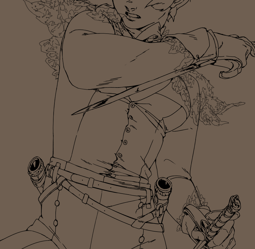 a black and white drawing of a warrior wielding a sword, with one hand on the hilt and the other one holding the blade. the drawing is detailed, and the warrior is portrayed in a dynamic pose.