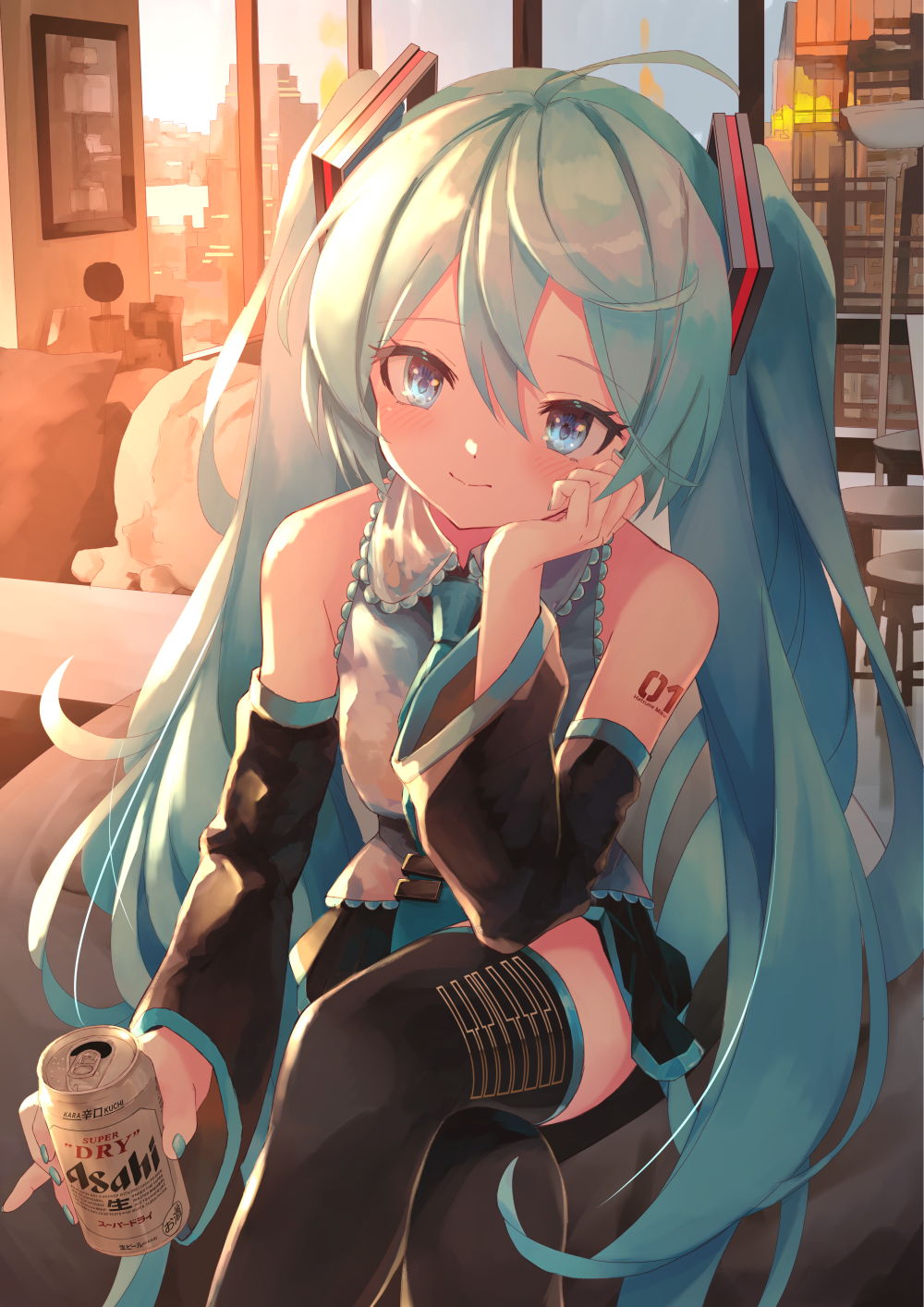 the image is a digital drawing of hatsune miku, a popular vocaloid character. she is depicted as a young woman with long, bright teal twintails, wearing black clothes and thighhigh stockings. she has headphones on her head, and a number "01" is subtly visible on her arm.  miku is sitting on what appears to be a beanbag chair in a modern apartment with large windows showing a city skyline at sunset. she has a relaxed and slightly coy expression, and is holding a can of asahi dry beer.  the overall style is anime, with soft, painterly shading and a warm color palette.