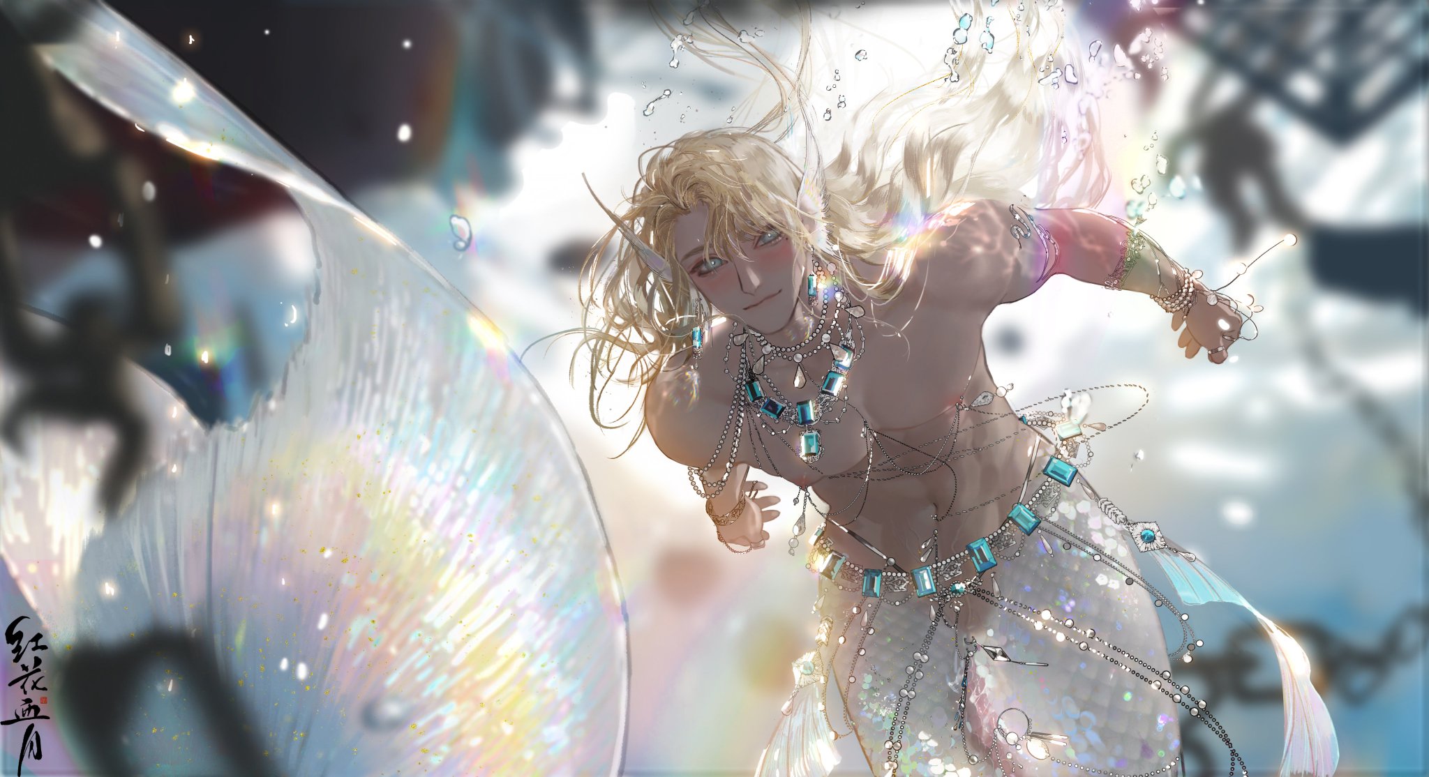 an animestyle mermaid, with long blonde hair and a shimmering iridescent tail, swims underwater. the mermaid has on numerous turquoise and gold jewelry items. the water around the mermaid is shimmering and ethereal, and the scene has a dreamlike quality.