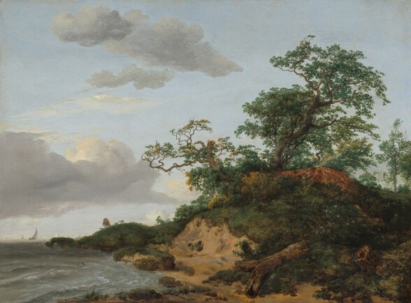 a landscape painting depicts a coastline with a sandy beach, dunes, and vegetation. on the right, a group of trees grows on top of a dune, dominating the scene. the sea stretches out to the horizon on the left, with a sailboat visible in the distance. the sky is filled with clouds, creating a soft and muted light.