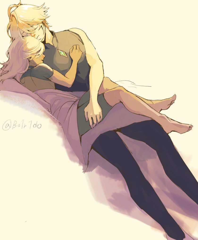 this is a digital illustration of a romantic couple. the two characters are both animestyled with blonde and purple hair. they