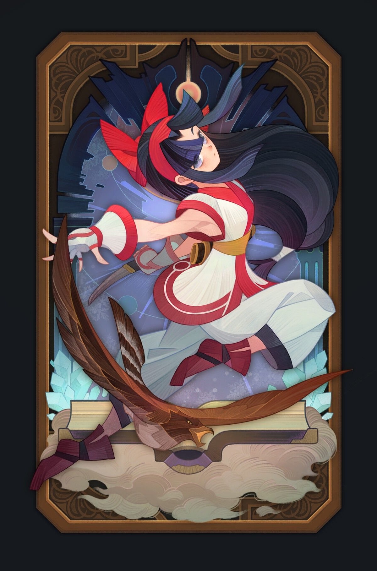 the illustration depicts a young woman in midair, dressed in a white and red outfit reminiscent of a samurai or shrine maiden. her long dark hair flows behind her, and a red ribbon adorns her head. she appears to be in motion, her body gracefully twisting as she reaches out with her hand. a feathered weapon, perhaps an arrow, is clutched in her other hand. below her, a hawk with glowing eyes soars upwards, carrying a scroll adorned with crystals in its talons. the scene is framed by an ornate gold border with intricate details and is set against a backdrop of swirling clouds and a dark, starry sky. the lighting is dramatic and ethereal, with a soft glow emanating from the woman and the hawk.