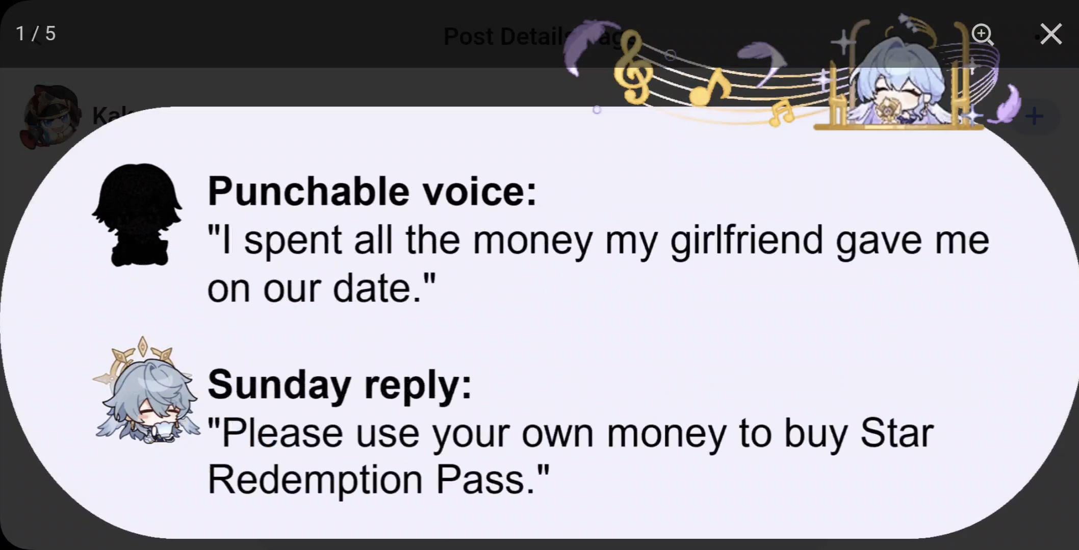 he image is a meme featuring a textbased conversation between two characters. the first character, labeled "punchable voice," confesses to spending all the money their girlfriend gave them on their date. the second character, labeled "sunday reply," responds by sarcastically suggesting they use their own money to buy a "star redemption pass," likely referencing an ingame purchase in a video game.  the meme includes cartoon illustrations of the characters.