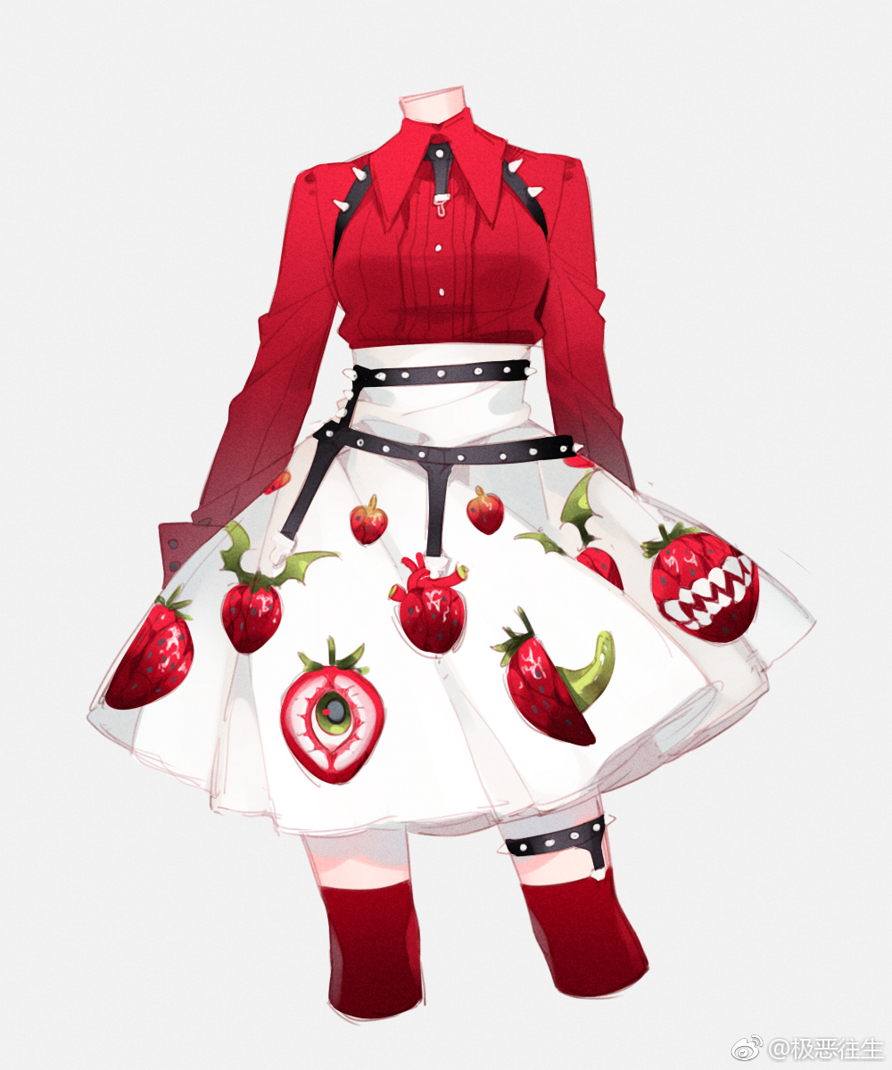 this is a drawing of an anime girl in a red and white gothic lolitainspired outfit. she has a red buttonup shirt with black spikes and straps, a white skirt with strawberries and other spooky elements, and thighhigh boots. the art is very detailed and welldone, and the colors are vibrant and eyecatching.  the overall vibe of the drawing is cute and spooky. it's a great example of the gothic lolita aesthetic, which is often characterized by its use of sweet and innocent elements combined with dark and edgy elements.
