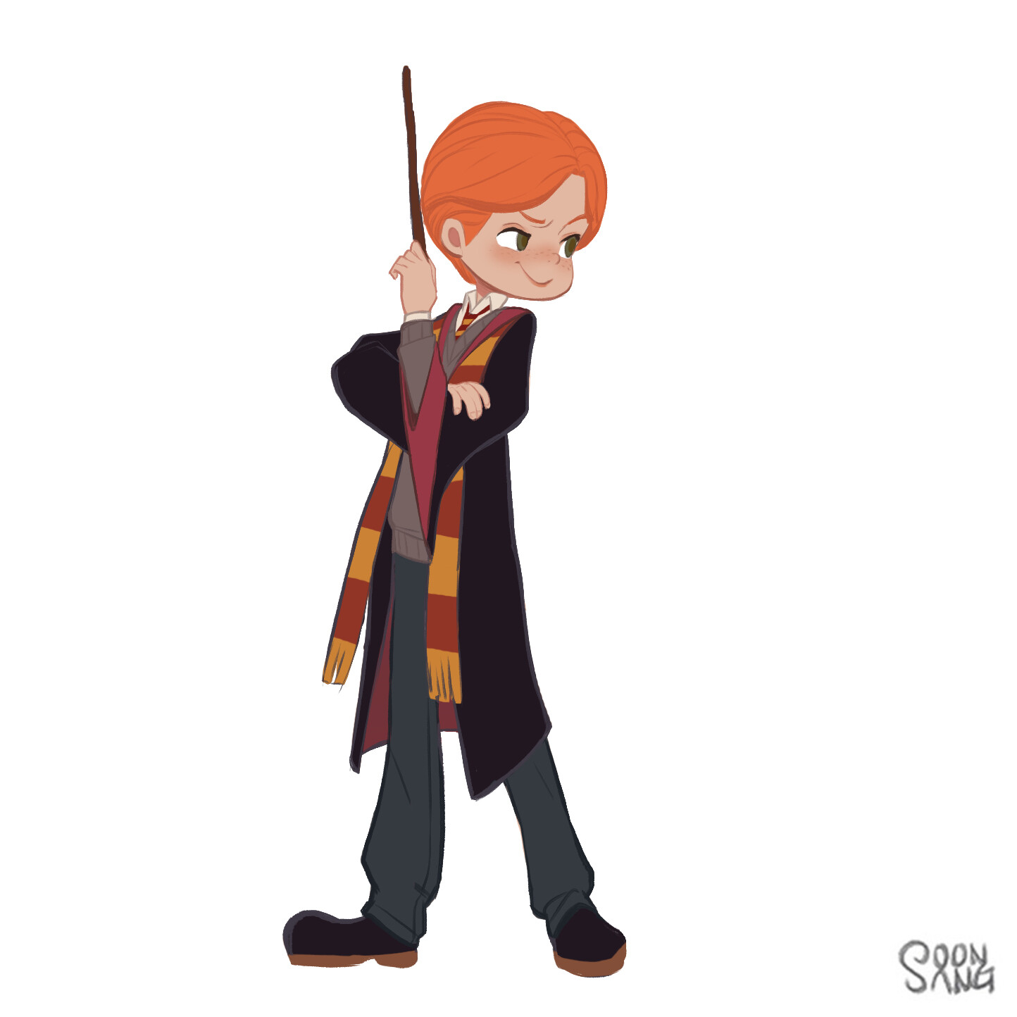this is an illustration of ron weasley from the harry potter franchise as a chibi character. he's in his hogwarts uniform holding a wand.