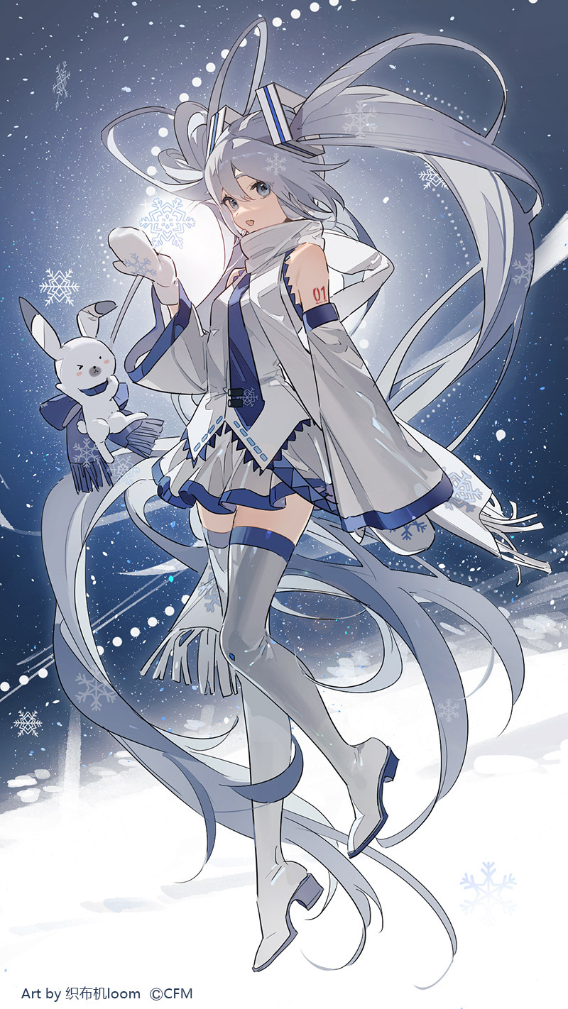 an animestyle digital art illustration of snow miku, a winter version of the hatsune miku character. she is a young girl with long, flowing, light blue/white twin tails and silver hair. she is wearing a white and blue winter outfit consisting of a short dress, a white coat with blue trim, a scarf, mittens, and white boots. she is standing in a snowy scene with snowflakes falling around her. a small white bunny with a blue scarf is standing next to her. the background is a snowy blue gradient.