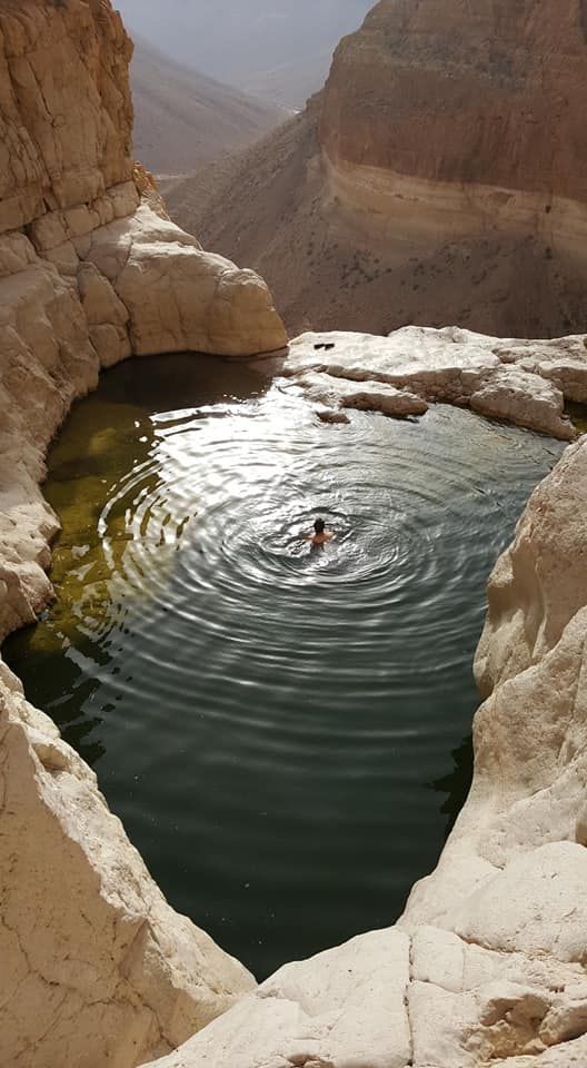 a person swimming in a natural lake or pool surrounded by rocky cliffs and mountains. the water surface has ripples spreading out from where the person is swimming. the area looks like a canyon landscape.
