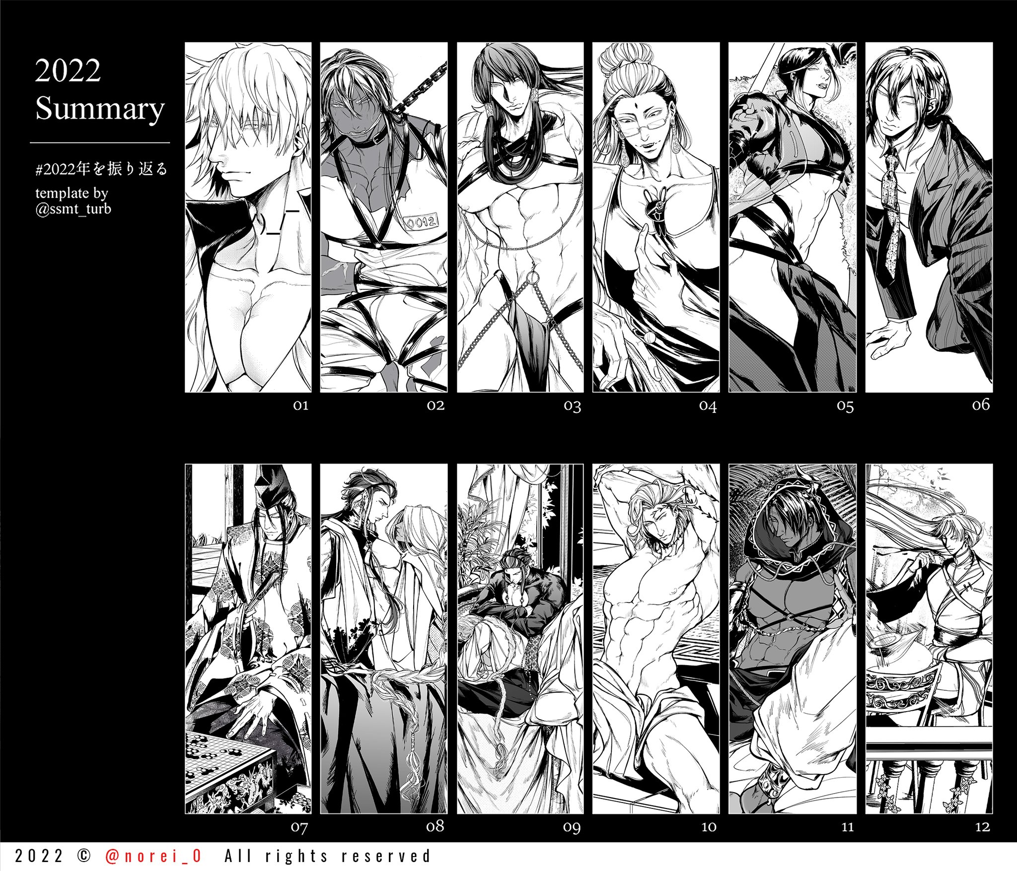 this image is a summary of the year 2022 in the form of twelve different anime characters, each representing a month of the year. each panel features a unique male character, drawn in black and white. the characters are depicted in various poses and expressions, showcasing a range of styles and aesthetics. the image is a testament to the artistry and creativity within the anime and manga world.