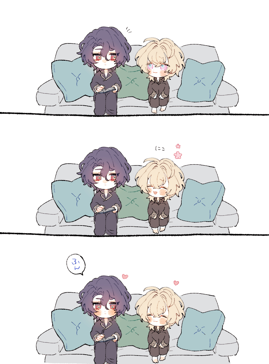 the image is a threepanel comic strip featuring two chibistyle anime boys.  they are depicted in pajamas, sitting together on a couch. the first panel shows them seemingly relaxing, one appearing to read a book. the second panel shows one boy looking fondly at the other, with hearts and other visual cues implying affection. the third panel continues this affectionate vibe. the art style is soft, pastelcolored, and emphasizes cuteness and gentle intimacy between the two characters.
