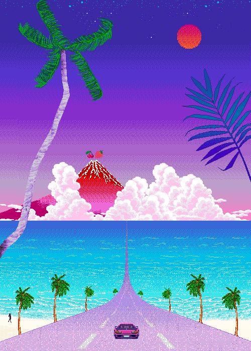 a digital art rendition of a synthwave aesthetic with bright colors and retro pixelation. there's a pink and purple sunset sky with a red sun and a mountain with a pink and red gradient. palm trees stand tall on both sides of a paved road stretching out into the ocean, and a pink car drives down the center. there's a light blue sea and a white sandy beach. the style is pixelated, reminiscent of old video games from the 80s and 90s.