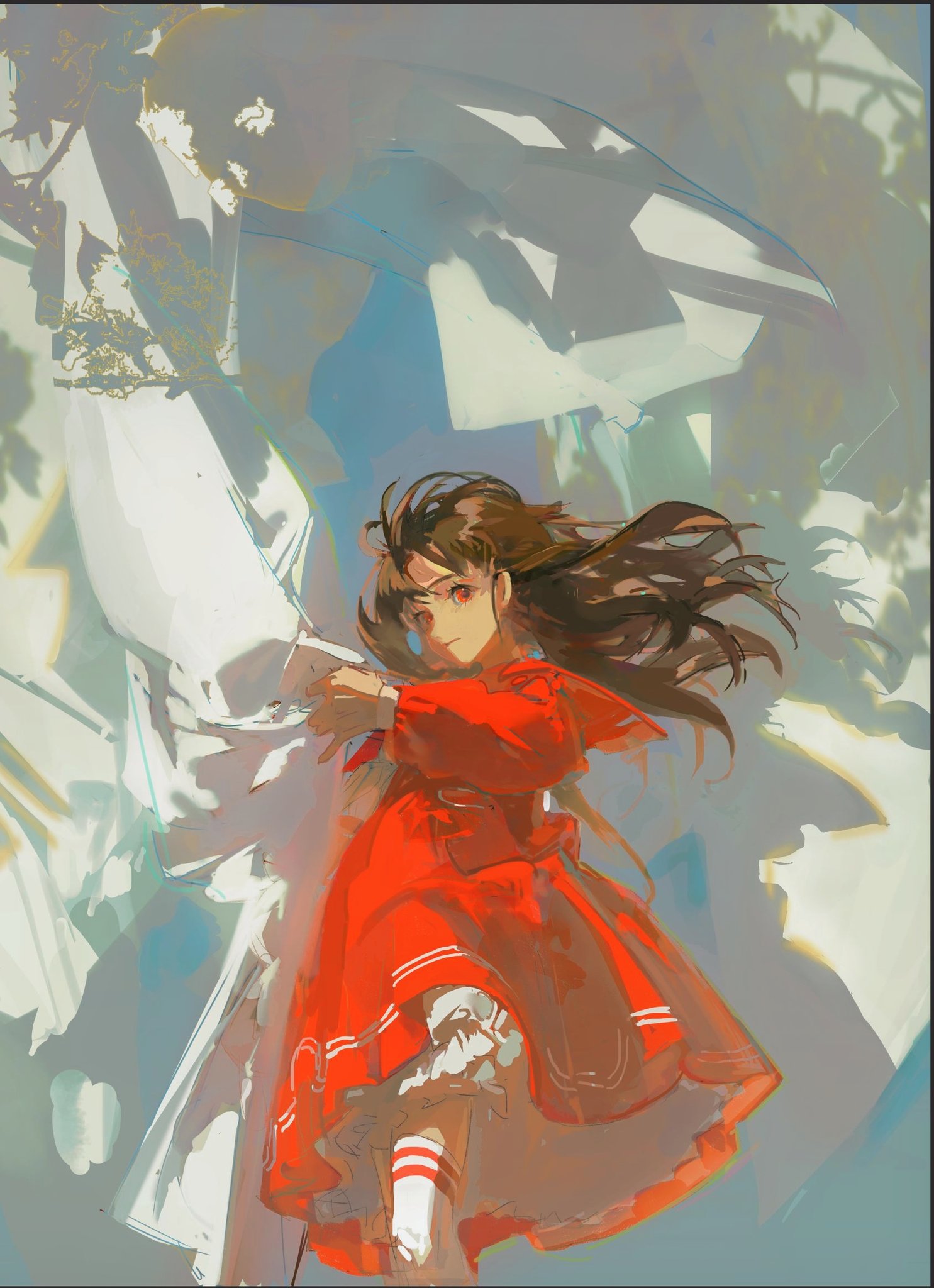 the image is a digital illustration of an anime girl with long brown hair. she's wearing a red dress with white trim and white socks. she's holding a white dress in front of her, and there are white shadows on the light blue background. the style of the illustration is fantastical and whimsical.
