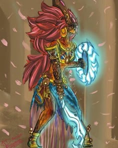 this is a digital illustration of a female fantasy warrior wielding a glowing blue sword. she is wearing ornate armor and has a flowing red cape. she is standing in a fantastical setting and her eyes are closed.  the warrior seems to be in the middle of a magical spell as she is surrounded by glowing light. the background is blurred, but appears to be a pink and white cloudlike backdrop.