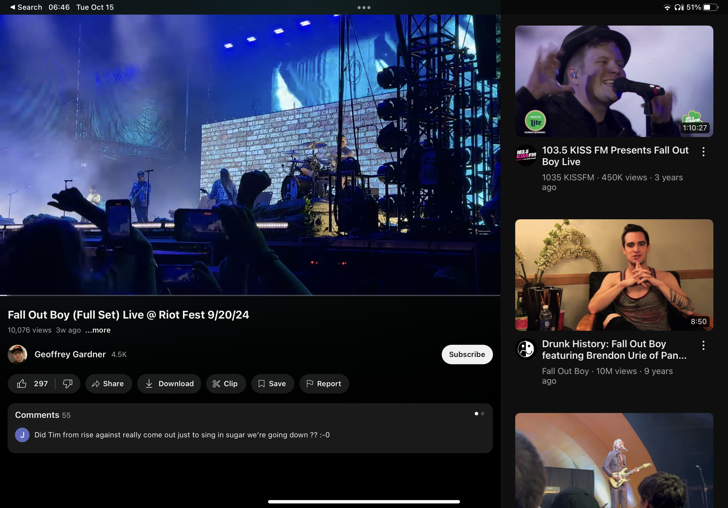 this is a screenshot of a youtube page displaying two different videos of fall out boy. the top video shows fall out boy performing live at riot fest in 2024. the bottom video is a segment of a drunk history episode featuring fall out boy and brendon urie of panic! at the disco. the 103.5 kiss fm video on the right is a 3yearold video of fall out boy playing live on that radio station.