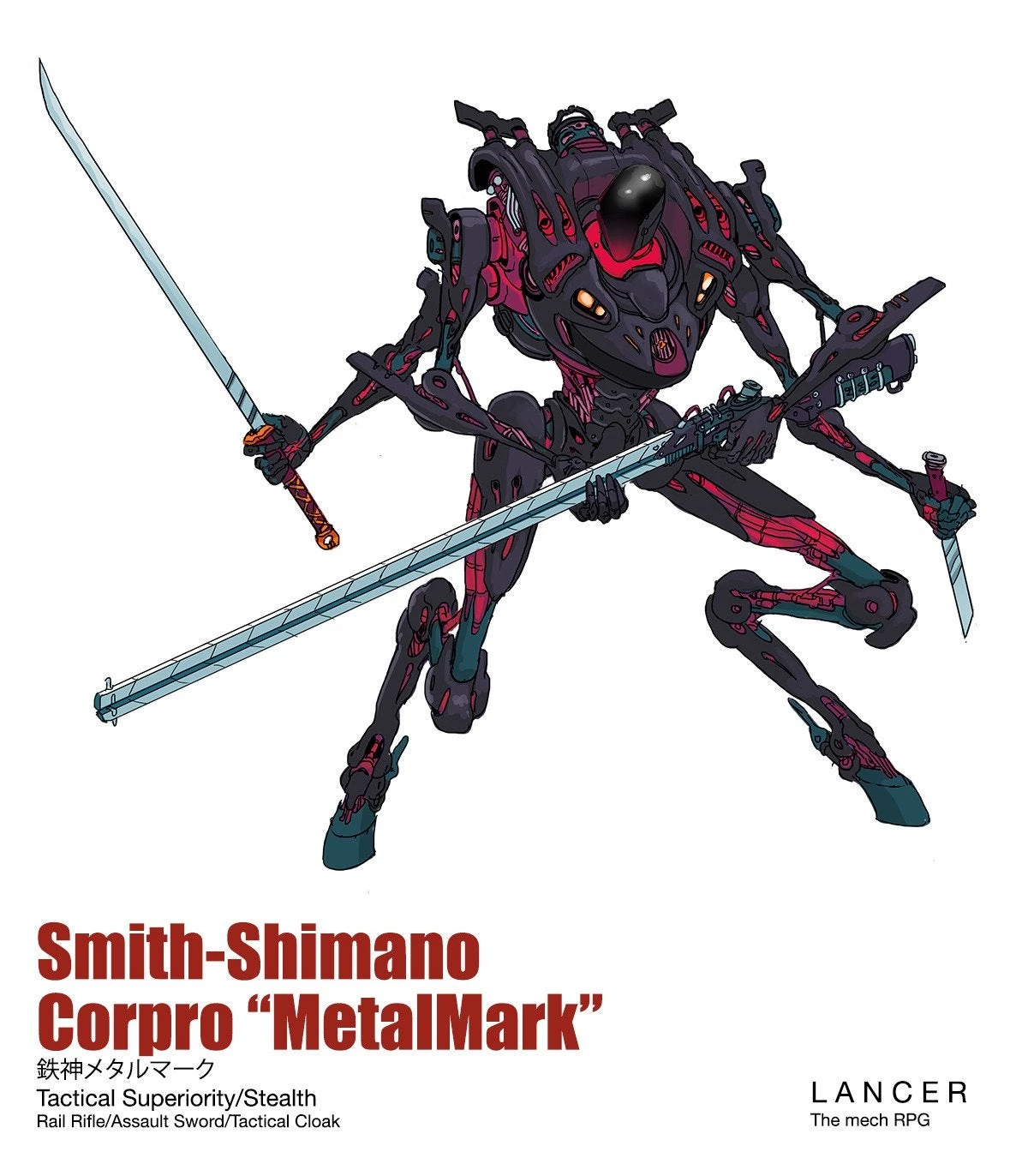 a futuristic mech design called smithshimano corpro "metalmark" from the lancer rpg. it has a sleek, dark design with red accents and wields multiple swords, suggesting it is built for tactical superiority and stealth. the description includes "rail rifle/assault sword/tactical cloak," further detailing its capabilities. the mech has multiple arms and appears to be agile and deadly.