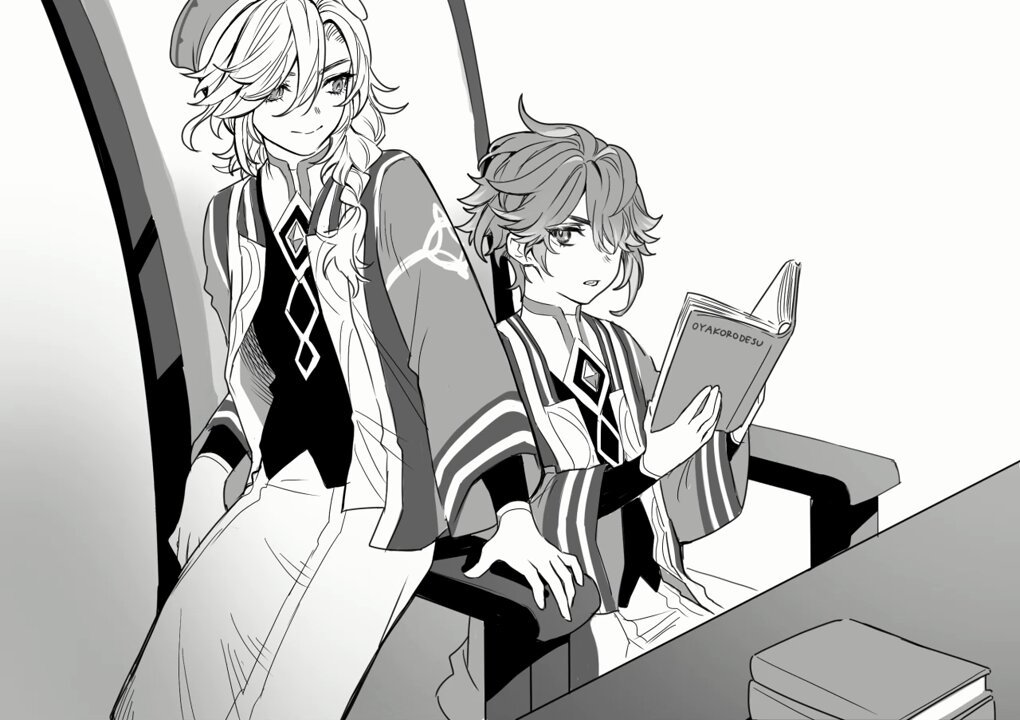 two anime boys are sitting in a chair and at a table. the boy on the left has long white hair and is wearing a long, loosefitting coat and pants. the boy on the right has shorter, darker hair and is wearing a similar coat and pants, but with a more elaborate design. the boy on the right is holding a book titled "oyakoro desu" and reading it. the scene is rendered in black and white.