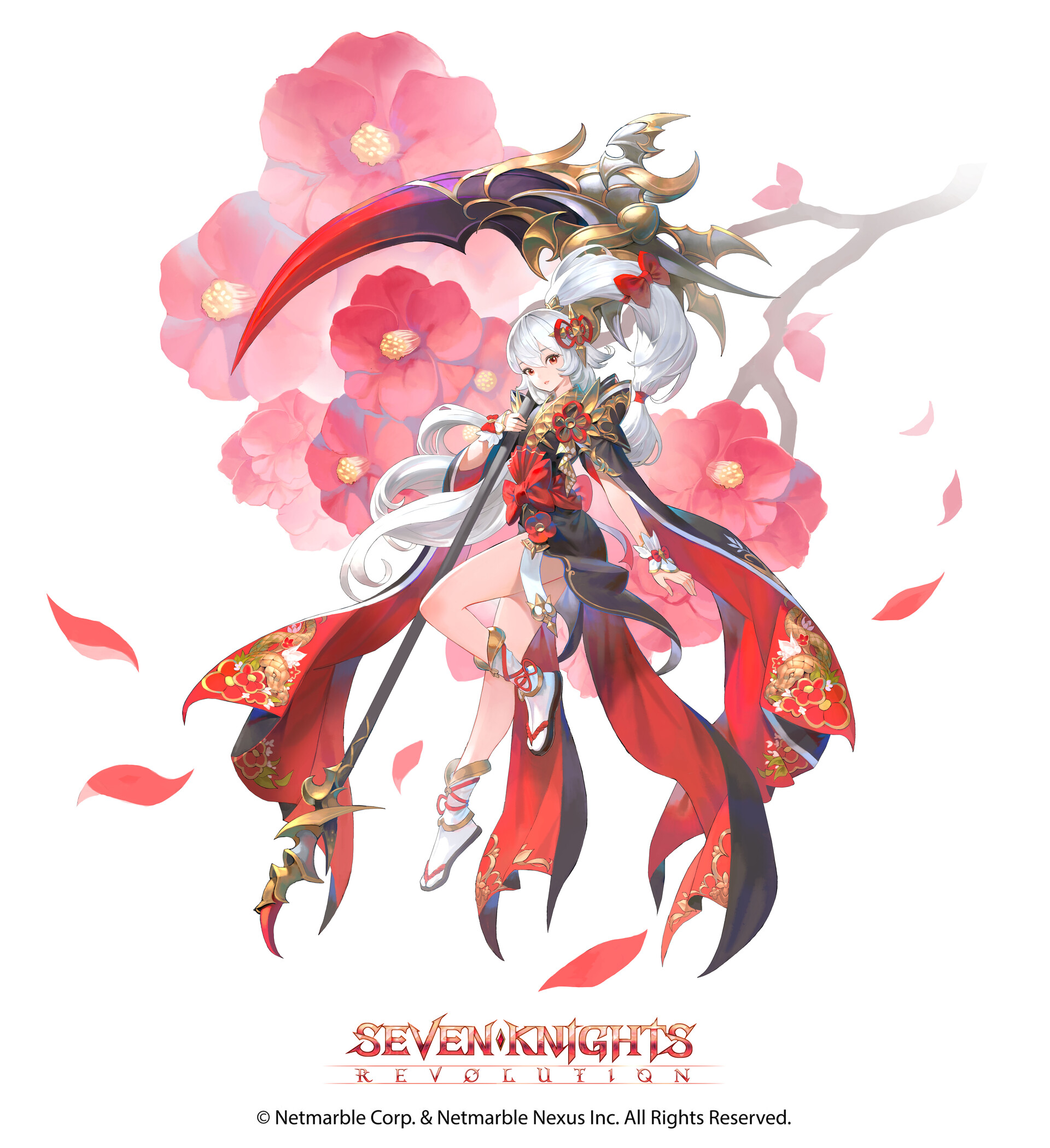the image features an animestyle female character holding a large, ornate scythe. she has white hair, red eyes, and wears a red bow. her outfit is a combination of red, black, and gold with intricate details. the background consists of large pink flowers and falling petals. at the bottom of the image is the logo for "seven knights revolution" along with copyright information.