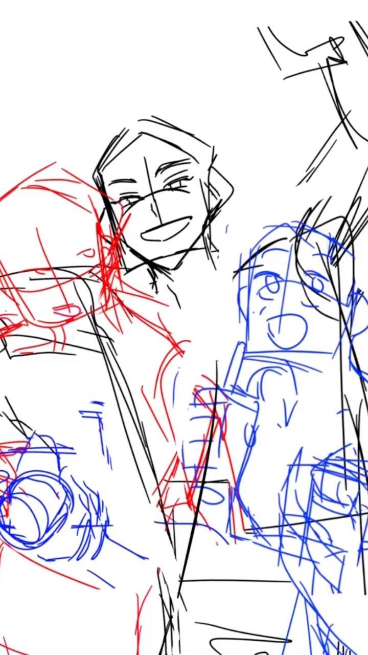 he image is a rough sketch or concept art of two animestyle characters, possibly a couple or close friends.  one character is more prominently featured and appears to be smiling broadly, while the other is partially obscured and less defined. the sketch is unfinished, with visible lines and overlays in red, blue, and black.  the style is loose and dynamic, suggesting movement or energy.  the overall impression is one of happiness and intimacy between the characters.